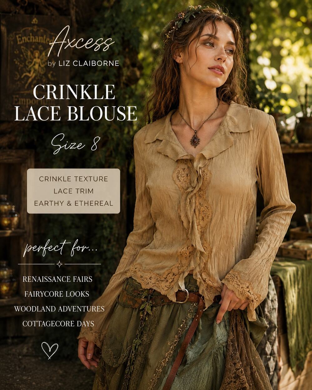 Axcess Button UP Blouse Size 8 Tan Crinkle Lace Trim Fairycore Renaissance